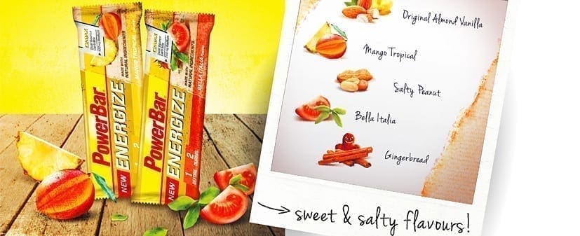 Variations de saveurs de la PowerBar Energize Bar : SWEET : Vanille Amande / Pain d'épices / Mangue Tropicale. SALÉ : Savoury Bella Italia (omate, basilic, sel et origan) / Salty Peanut (noix grillées et légèrement salées). Variations de saveurs de la PowerBar Energize Bar : SWEET : Vanille Amande / Pain d'épices / Mangue Tropicale. SALÉ : Savoury Bella Italia (omate, basilic, sel et origan) / Salty Peanut (noix grillées et légèrement salées).